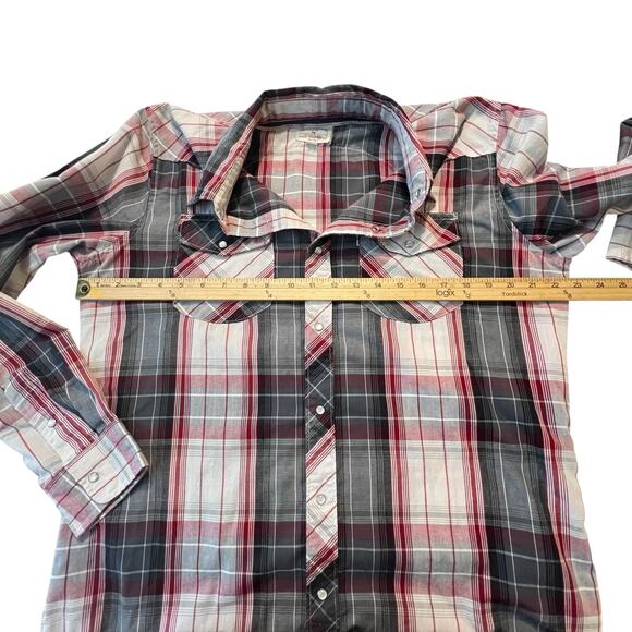 Levi’s Western Snap Shirt Men’s M Plaid Red Gray Long Sleeve Pearl Snap Cowboy - Picture 6 of 8